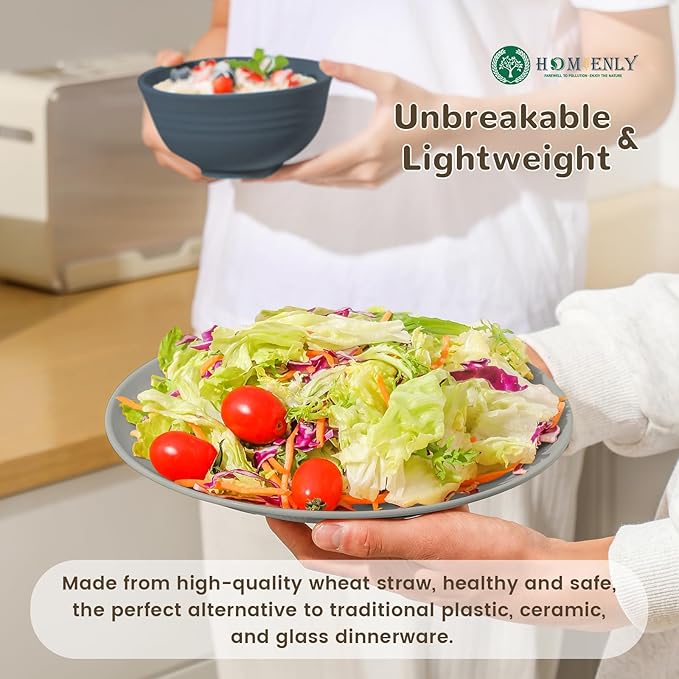 Homienly Premium 40 PCS Wheat Straw Dinnerware Set - Dinner Plates, Cereal Bowls, Unbreakable Cups Set, Microwave and Dishwasher Safe Dishes Set, Reusable Lightweight Dish Sets for Kitchen(Black Grey)