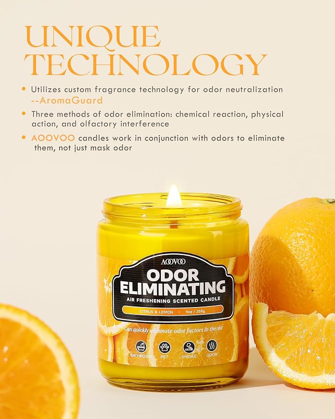 AOOVOO 2 Pack Citrus Lemon Odor Eliminating Highly Fragranced Candle Set - Eliminates 95% of Pet, Smoke, Food, and Other Smells Quickly, Non Toxic Air Freshing Soy Candle