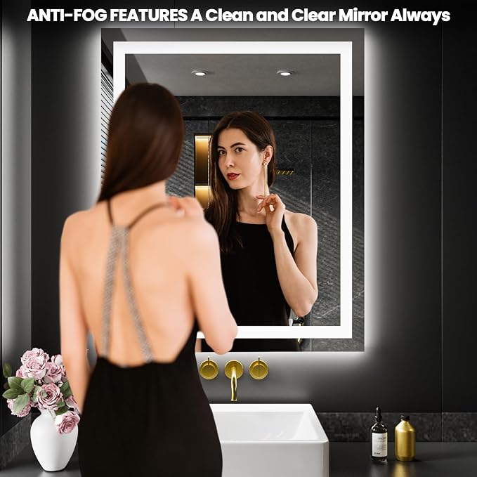 LOAAO 28"X36" LED Bathroom Mirror with Lights, Anti-Fog, Dimmable, Backlit + Front Lit, Lighted Bathroom Vanity Mirror for Wall, Memory Function, Tempered Glass, ETL Listed