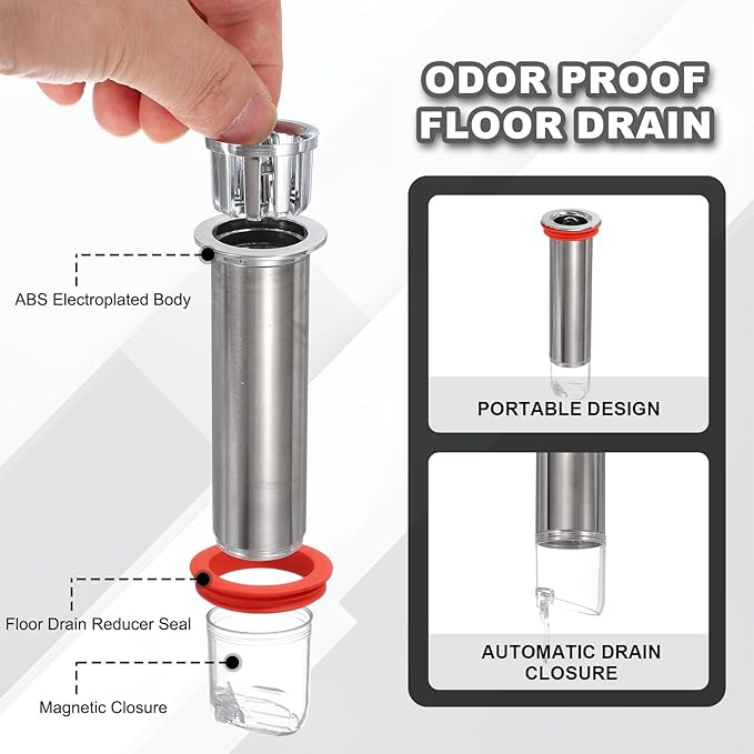 uxcell 5.7" Odor Proof Floor Drain, Floor Drain Cover Shower Plug Drain Backflow Preventer Suitable for Pipes Tubes Bathroom Kitchen, Red Silver/Transparent