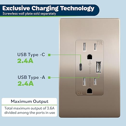 TOPGREENER 2-Port Outlet with Type C USB Charging Ports, 15 Amp TR Receptacle Plug, Electrical Socket, UL Listed, TU21536AC-NKWSI-2PCS, Nickel, 2 Pack