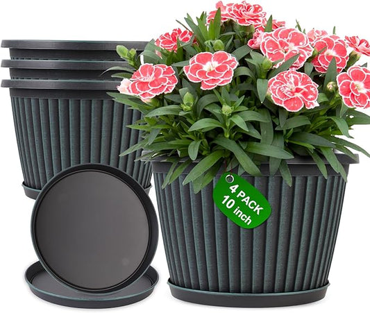 Myfeegoin Planter-Pots-for-Plants-Indoor-Outdoor, 4 Pack 10 Inch Plastic Flower Pots with Saucer & Drainage Holes, Modern Garden Planters for Planting Medium Large Plants，Decorative Resin Garden Pots