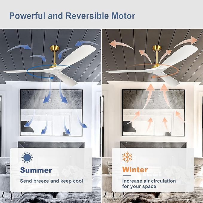 Modern Ceiling Fan with Remote: White and Gold Ceiling Fans 3 Blades - 60 Inch Ceiling Fan No Light for Covered Outdoor Living Room Bedroom