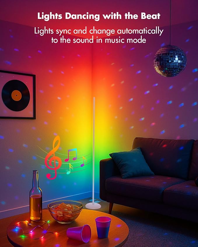 LED Corner Lamp, Smart RGB Floor Lamp with Music Sync, APP & Remote | Floor Lamp Dimmable with 16 Million Color Changing, Music Sync, Standing Lamps for Bedroom, Living Room, Gaming Room - Silver