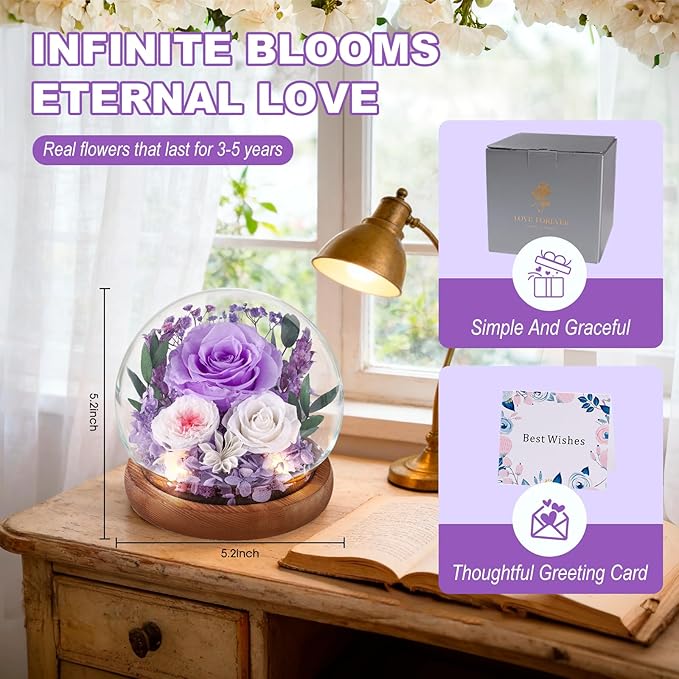 FIACO Gifts for Mom Birthday Gifts Women Preserved Flowers in Glass Dome Forever Flowers for Delivery Prime Purple Eternal Roses Mothers Day Birthday for Grandma Sister Daughter Wife Her Girlfriend