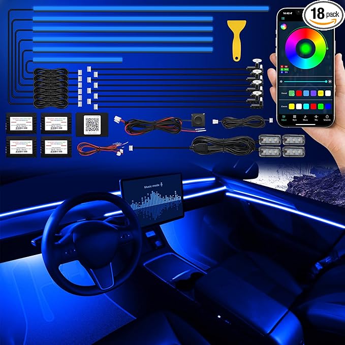 Acrylic Interior Car LED Strip Light with Wireless APP, RGB 18 in 1 with 175 inches 593 LEDs Fiber Optic Ambient Lighting Kits, 16 Million Colors Sound Active Function Car Neon Lights