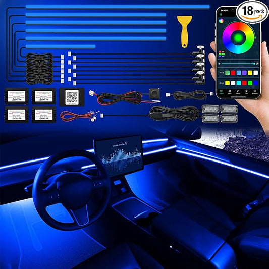 Acrylic Interior Car LED Strip Light with Wireless APP, RGB 18 in 1 with 175 inches 593 LEDs Fiber Optic Ambient Lighting Kits, 16 Million Colors Sound Active Function Car Neon Lights
