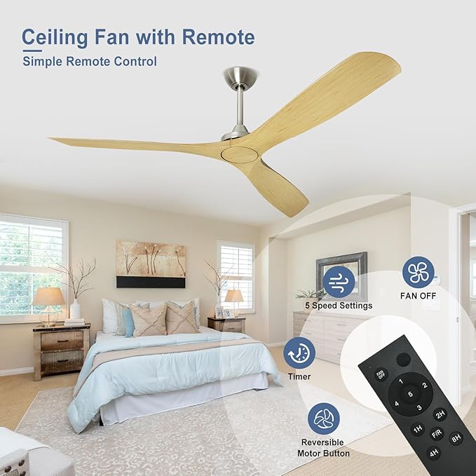 60 Inch Ceiling Fan: 3 Blades Ceiling Fans No Light Reversible Quiet Dc Motor - Outdoor Ceiling Fan for Patios with Remote Control for for Indoor Bedroom Farmhouse