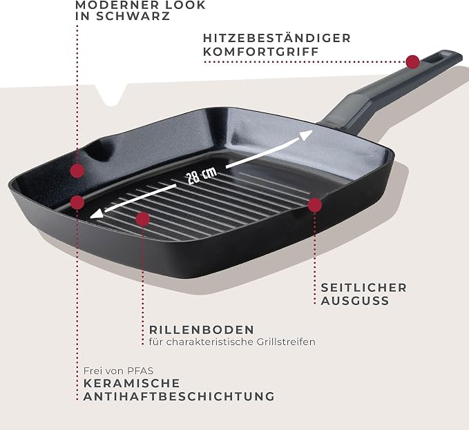 Fackelmann STATEMENT 28cm Grill Frying Pan, Recycled Aluminium, Non-Stick PFAS Free Ceramic Coating, Grill Line Base Structure, Comfort Grip Handle, All Stoves Including Induction,47x28x4.3cm,Ash Grey