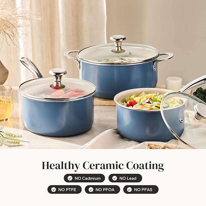 Redchef Non-stick Stock Pots Set 5QT, Sauce Pan with Lids(2.5QT, 3.5QT) Multifunctional Kitchen Cookware Sets, Non Toxic with Stay Cool Handle, PTFE & PFAS & PFOA Free, Dishwasher/Oven Safe (Blue)