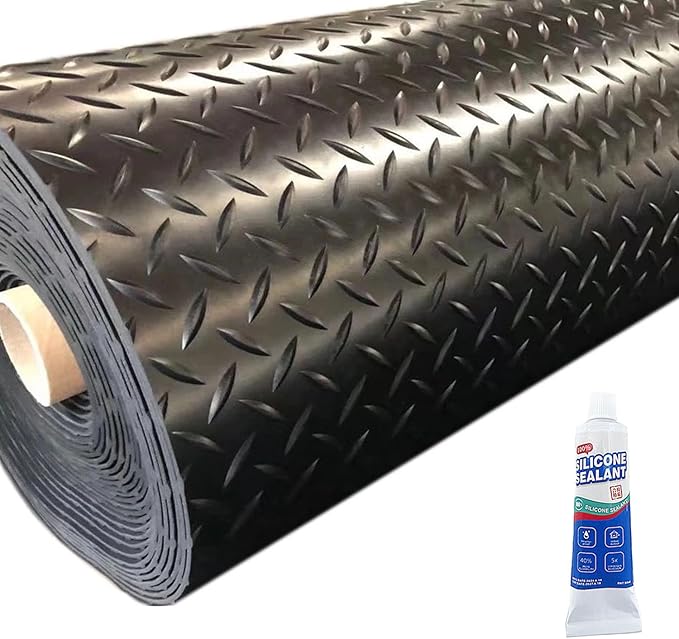 3mm Thin Diamond-Plate Rubber Flooring Roll, 2X 4 ft Waterproof Anti Slip Mat, Multi-Purpose Easy Clean Floor Protector for Garage, Laundry Room, Gym, Kennel