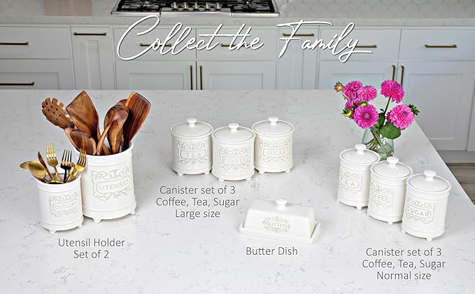 25DOL 35 Ounce Elegant Ceramic Kitchen Canisters Set of 3 - Beautifully Engraved Coffee Tea Sugar Storage Containers Airtight with Feet for Added Style and Stability - Ceramic Jar with Airtight Lid