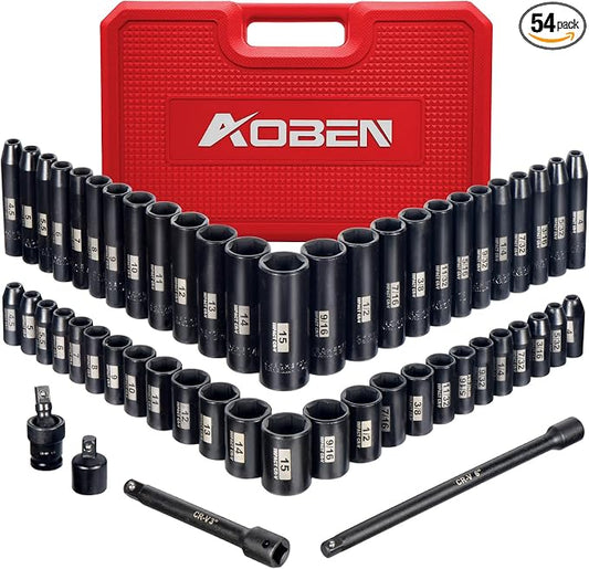 AOBEN 1/4-Inch Drive Impact Socket Set, 54 Pieces, 6 Point, SAE/Metric, (5/32" - 9/16" ，4mm -15mm)，Deep/Shallow, Cr-V Steel, Includes Extension bars and Socket Adapter