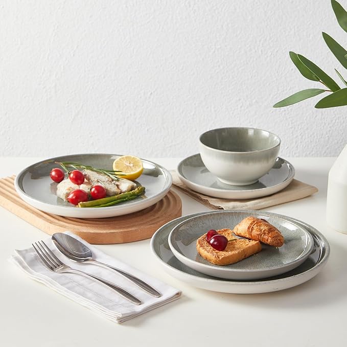Pokini 24 Piece Dinnerware Sets for 8, Modern Stoneware Plates and Bowls Sets, Perfect for Family Gatherings & Holiday Celebrations, Easy Cleaning Dishes, Stack Compactly Plate Set, Gradient Green