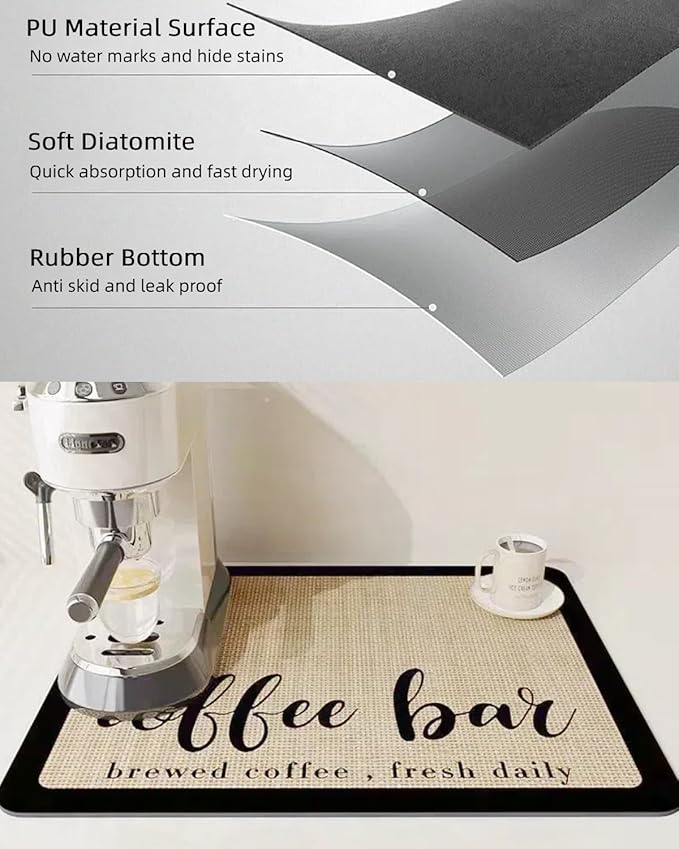 Coffee Mat 12"x19" Coffee Bar Mat Rubber Backed Bar Accessories Super Absorbent Dish Drying Mats for Kitchen Counter, Fit Under Coffee Maker Espresso Machine Dish Rack (Cream)