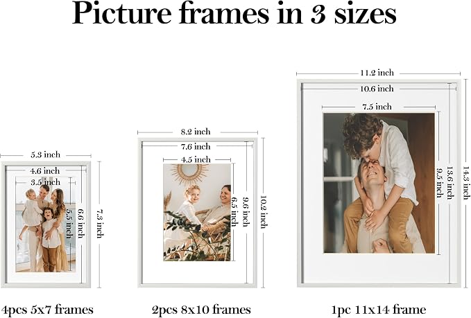 eletecpro Aluminum Gallery Wall Frame Set of 7 with Glass Cover, Silver | Including 1Pc 11x14, 2Pcs 8x10, 4Pcs 5x7 Photo Frames, Multiple Sizes Picture Frames Collage Wall Decor or Tabletop Display