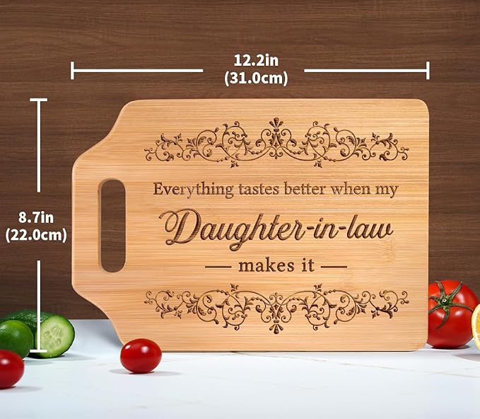 AceThrills Daughter in Law Mothers Day Gifts for Daughter in Law Birthday, Christmas - Engraved Bamboo Cutting Board (Everything Tastes Better)