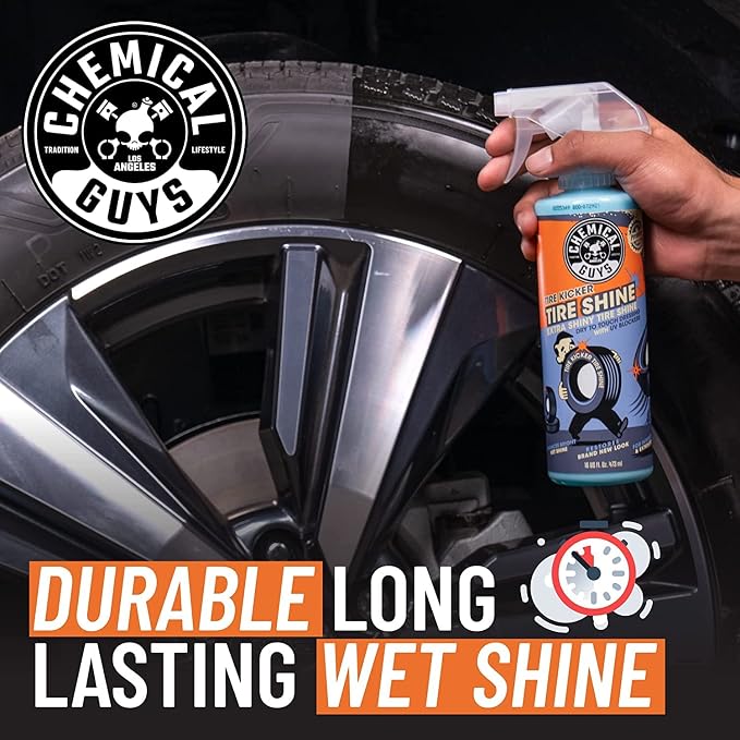 Chemical Guys Tire Kicker Sprayable Extra Glossy Tire Shine with Applicator (Works on Rubber, Vinyl & Plastic) Safe for Cars, Trucks, Motorcycles, RVs & More, 16 fl oz