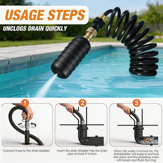 Drain Bladder Kit for Clogged Drains, Drain Unclogger Tool with 10FT Retractable Hose – Includes Shut-Off Valve & Brass Faucet Adapter – Drain King Alternative for 1" to 6" Pipes (Sink, Shower, Pool)