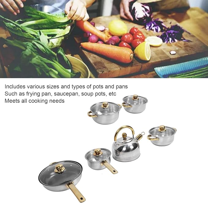 12pcs Pots and Pans Set, Stainless Steel Induction Kitchen Cookware Set with Detachable Handle, Dishwasher Non Stick Cooking Set with Frying Pan, Saucepans, Stockpots (Gold