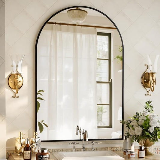 XRAMFY 32"x48" Arched Bathroom Mirror with Aluminum Frame Arched Wall Mounted Vanity Mirror for Entryway, Bedroom, Living Room, Black