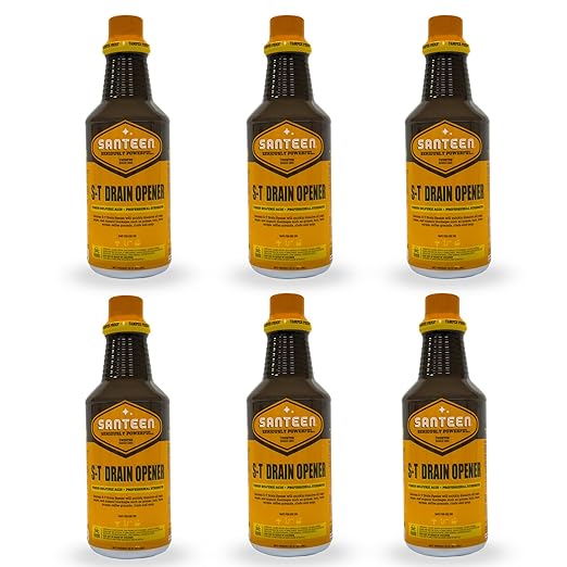Santeen S‑T Drain Opener – Professional Strength Liquid Drain Cleaner for Sinks, Toilets & Showers – Dissolves Grease & Organic Buildup – PVC & Septic Safe – Case of 6 (32 oz) Bottles