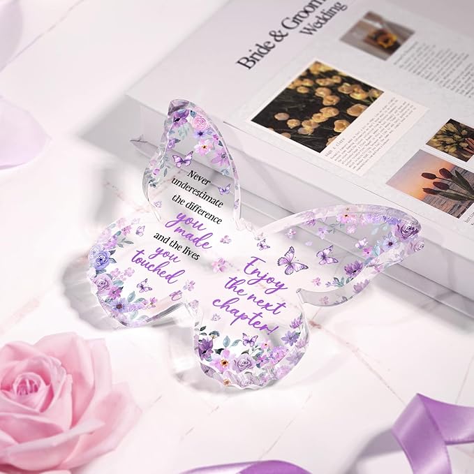 Farewell Gifts for Coworkers, 5x3.8x0.5 Inch Purple Butterfly Acrylic Plaque Decor, New Job Goodbye Going Away Leaving Retirement Graduation New Job Promotion We Will Miss You