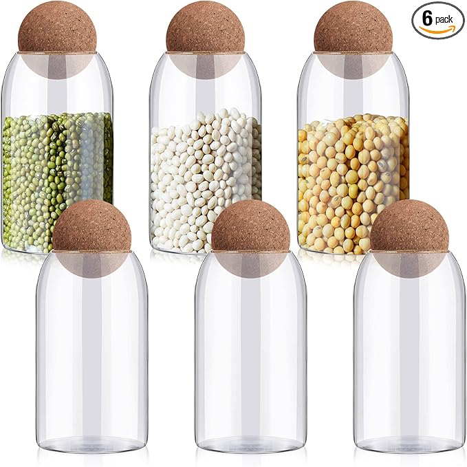 Suclain 6 Pcs Glass Jars with Cork Ball Lid Farmhouse Kitchen Canisters Coffee Bar Countertop Container Rustic Storage Jars for Bean Nut Sugar Coffee Tea Organizer Housewarming Gift (25 oz)