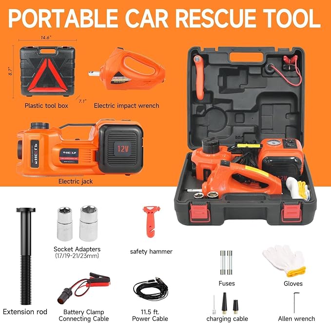 E-HEELP Electric Car Jack Kit 5Ton 12V Hydraulic Car Jack Lift (Lifting Range: 6.1~17.7 inch) with Electric Impact Wrench for SUV MPV Sedan Truck Change Tires Garage Repair
