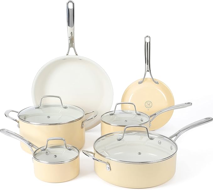 Martha Stewart Lockton Premium Nonstick PFA Free Ceramic Interior 10 Piece Enamel Heavy Gauge Aluminum Pots and Pans Cookware Set - Butter Cream