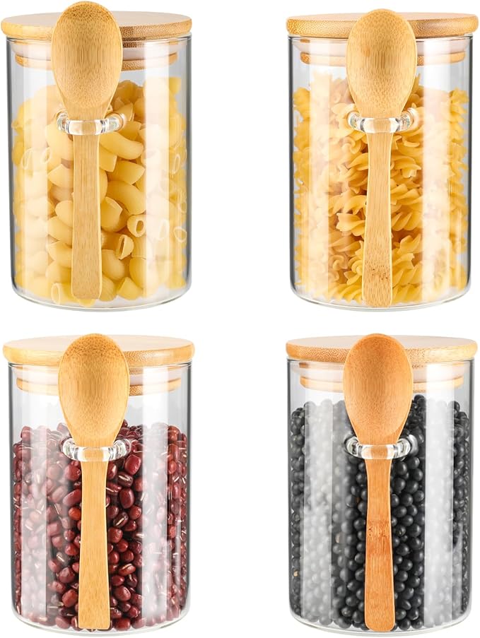 4 Pack Glass Containers Jars with Bamboo Lid and Spoon, 15OZ Airtight Glass Jars, Food Storage Jar Set Kitchen Glass Canisters for Coffee Beans, Tea, Flour, Nuts, Candy, Dry Goods, Cookie and More