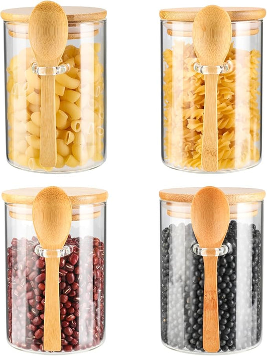 4 Pack Glass Containers Jars with Bamboo Lid and Spoon, 15OZ Airtight Glass Jars, Food Storage Jar Set Kitchen Glass Canisters for Coffee Beans, Tea, Flour, Nuts, Candy, Dry Goods, Cookie and More