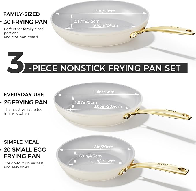 Sanho Ceramic NonStick Frying Pan-8, 10 & 12 Inch Frying Pans Skillet, Non Stick Egg Pan with Cool Touch PVD Handle for Induction, Dishwasher & Oven Safe, PTFE & PFOA Free, Non Toxic for Cooking