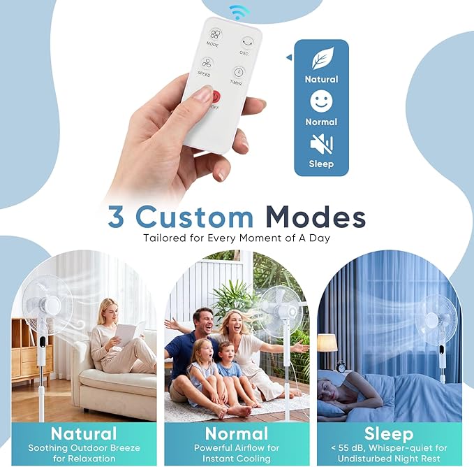 NEWBULIG 17" Pedestal Fan with Remote, 15H Auto Timer, Quiet Standing Fan for Bedroom, Living Room & Office, 3 Speeds, 3 Modes, Adjustable Height & 80° Oscillation