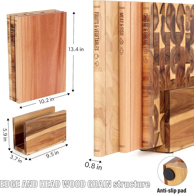 Book Cutting Board Set of 3 with Stand-The Cutting Board Library, Solid Wood Book-Shaped Boards for Serving & Display, Labeled Meat & Fish, Bread & Cheese, Fruits&Vegetables-Decorative Cutting Boards.