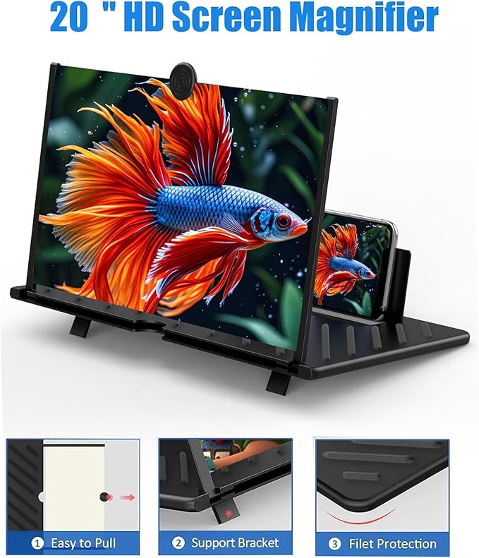 20" Screen Magnifier for Cell Phone – 3D HD Magnifing Screen Enlarger Projector for Movies Videos and Gaming – Foldable Phone Stand Holder with Screen Amplifier–Supports All Smartphones