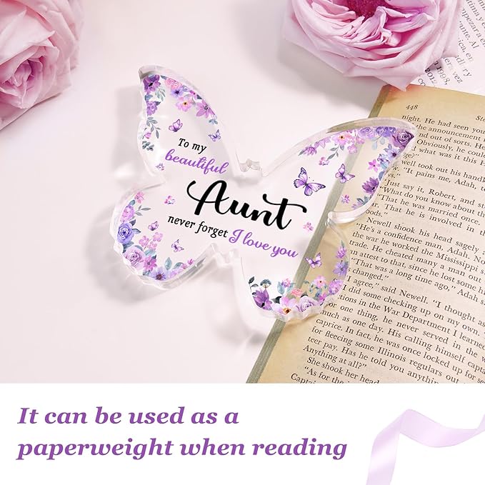 Gifts for Aunt, Aunt Birthday Gifts - Unique Purple Butterfly Acrylic Plaque Desk Decor - Mothers Day Christmas Gift for Aunt from Niece Nephew - 5 x 3.8 x 0.5 inches