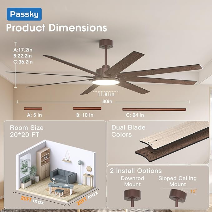 80 Inch Ceiling Fans with Lights, Large Modern Ceiling Fan with Light and Remote Control, Reversible, 3CCT, Dimmable, Quiet, Brown Ceiling Fan for Bedroom Living Room Patio Farmhouse, Indoor/Outdoor