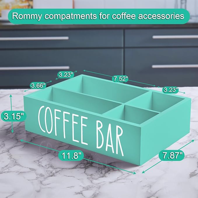 ALELION Turquoise Coffee Station Organizer with Removable Dividers - K Cup Pod Holder Storage Basket for Sugar, Tea - Teal Coffee Bar Kitchen Decor Accessories Organizer for Countertop