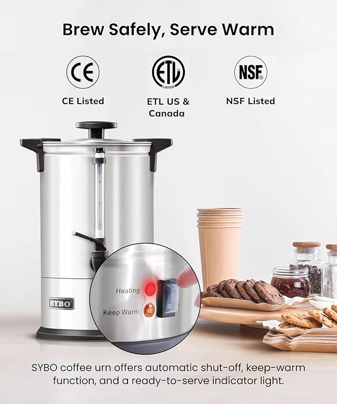 SYBO SR-CP Commercial Grade Stainless Steel Percolate Coffee Maker Hot Water Urn for Catering, 120-Cup 18 L, Metallic