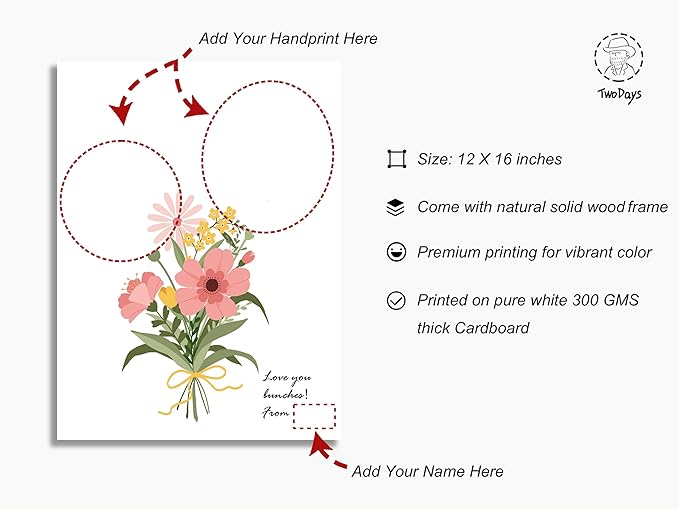 TwoDays Flower Bouquet Handprint Art Craft DIY Kit, Unique Gifts for Mom From Daughter or Son for Mother's Day Birthday Christmas, Gift for Grandma.(12" X 16", With Wood Frame)