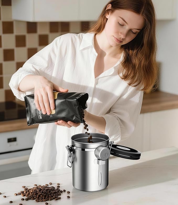 Coffee Gator Coffee Canister, 16oz Airtight Stainless Steel Kitchen Food Storage Container with Date Tracker, Scoop for Sugar,Grounds Coffee, Beans,Tea, Sugar, Cereal, Flour, Cookies Jars - Silver