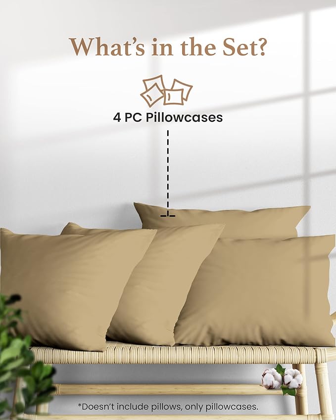 1000 TC Taupe King Pillowcases Set of 4 100% Egyptian Cotton Pillow Cases with Long Staple Cotton & Sateen Weave, Silky Soft Hotel - Like Bed Pillow Covers for Comfy Sleeping, Snug Fit