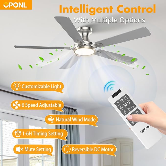 OPONL 52 Inch Nickel Ceiling Fan with Light, Remote Control, Low Profile, Noiseless, Reversible, Dimmable, Timeable, Metal Housing, Flush Mount Ceiling Fans with Lights for Bedroom, Indoor/Outdoor Use
