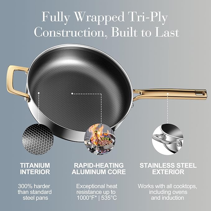FogDream Titanium Non Stick Frying Pan, 10in Tri-Ply Stainless Steel Deep Saute Pan, All-in-One Cookware Set with Stainless Lid, Stay Cool Handle, Dishwasher & Oven-Safe,Induction Compatible,Gold