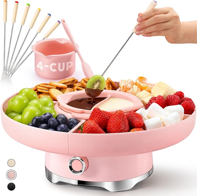 Electric Chocolate Fondue Set, 4-Cup Chocolate, Rotating Tray | Melt & Warm Modes, Dual Silicone Inserts, 6 Color-Coded Forks, Easy-Clean, Ideal for Candy Melts, Couple Family, Movie Night