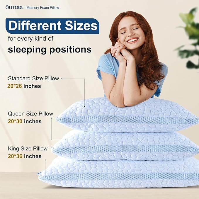 QUTOOL Enhanced Cooling Pillows for Sleeping, CertiPUR-US Shredded Memory Foam Pillows Standard Size Set of 2 for Hot Sleeper, Adjustable Pillow for Side, Back, Stomach Sleepers Support Yet Soft, Blue