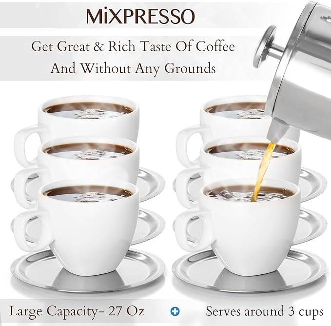 Mixpresso Stainless Steel French Press Coffee Maker 26 Oz 770 ml, Double Wall Insulated French Press Stainless Steel, Easy Clean Tea Brewer, Easy Press Durable Metal Coffee Press