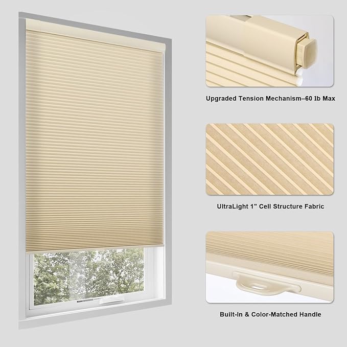Tonature No Drill Cellular Shades for Indoor Windows, Thermal Insulating & Noise Reducing Honeycomb Blinds, Free Stop Cordless Light Filtering Shades, Beige,39 1/2" W x 64" H