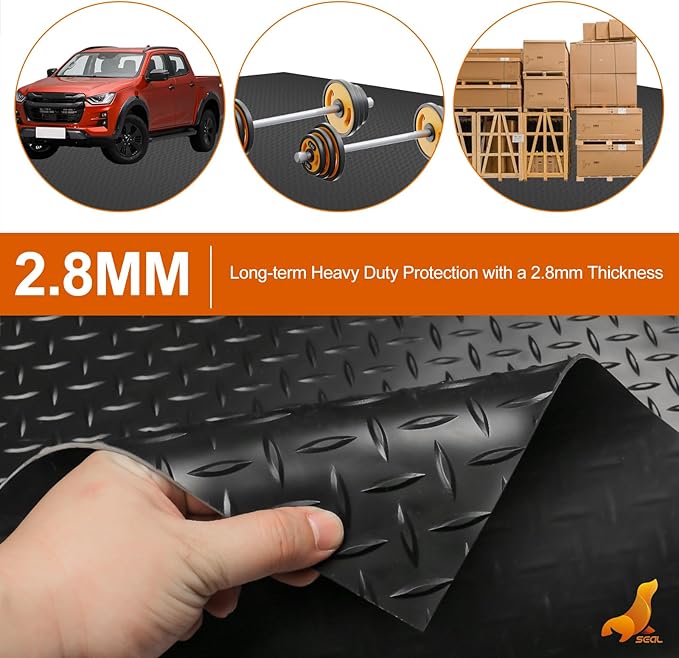 SEAL 4 x 6 FT Premium Garage Floor Mat, Solid 2.8mm Thick Lay-Flat Black Commercial Grade Heavy Duty Parking Mat for Garage Floor, Golf Cart, Water/Stain Resistant Runner (Embossed Diamond Plate)